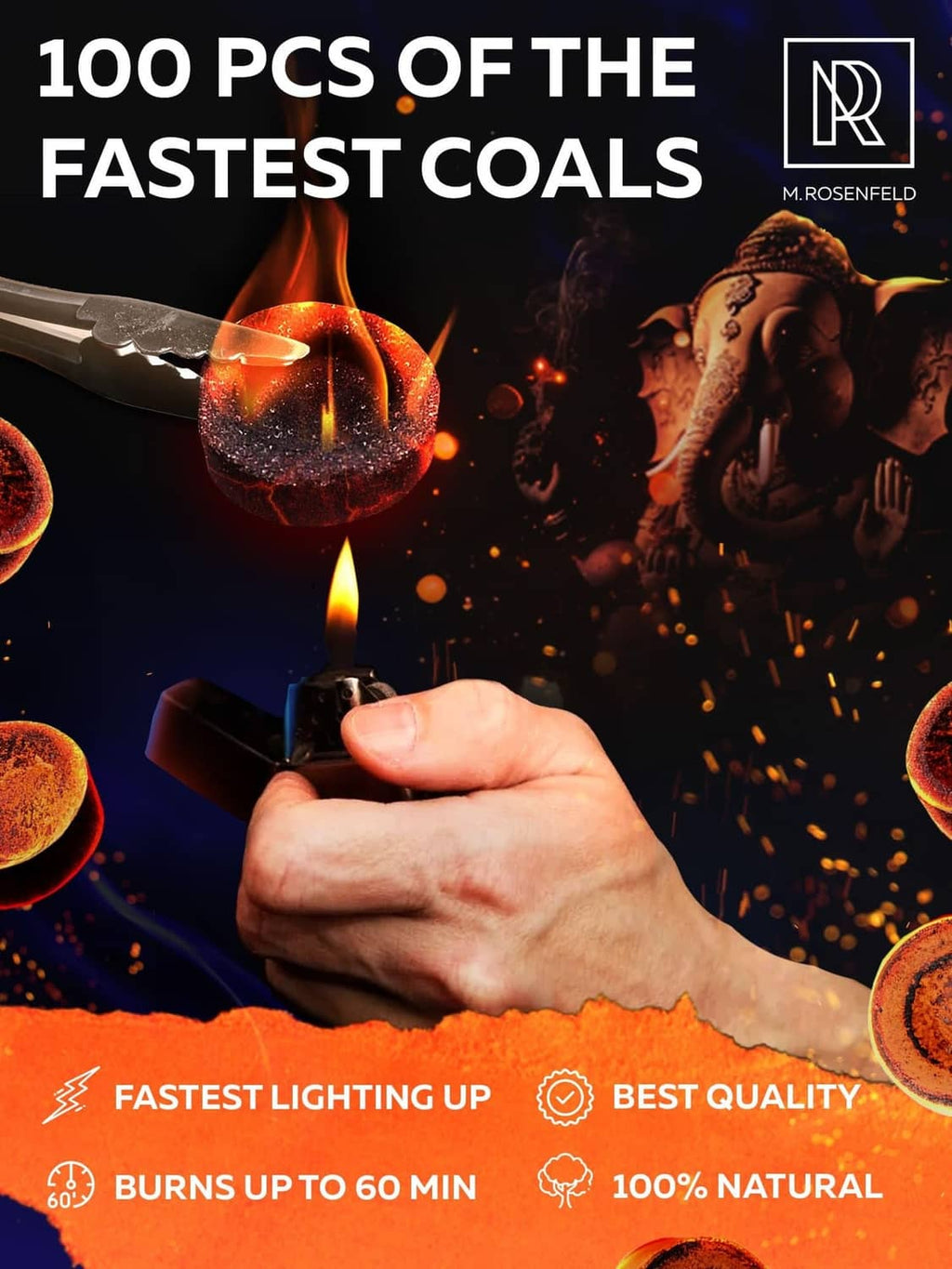 Incense charcoal discs with glowing coal and a hand holding a lit coal
