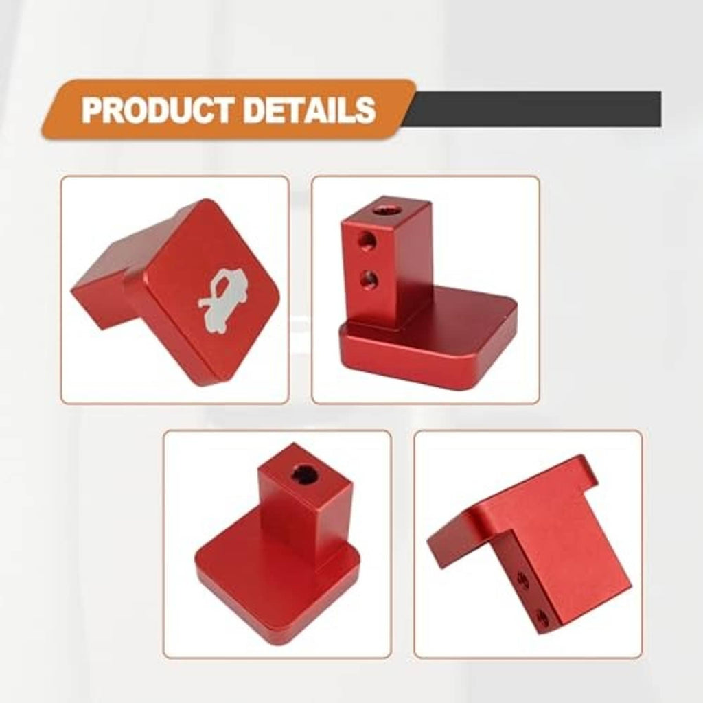 Red latch release handle bracket with mounting holes, detail views