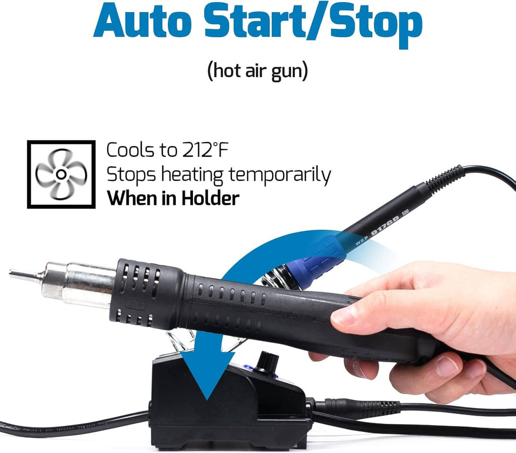 Soldering iron with stand and station base; auto cool-down stops heating
