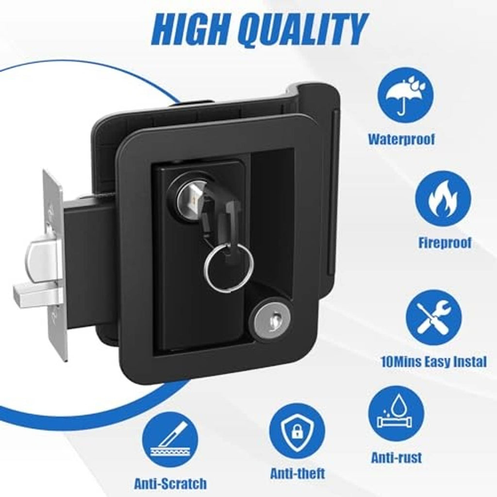 Black RV door lock latch with two key cylinders on a door mounting plate