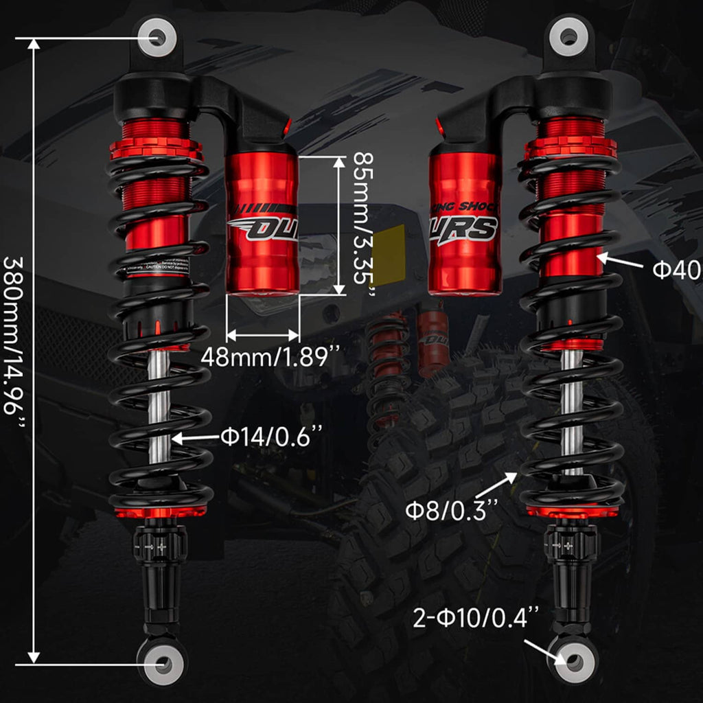 Front coil-over shock with red reservoir, black spring, and measurement labels