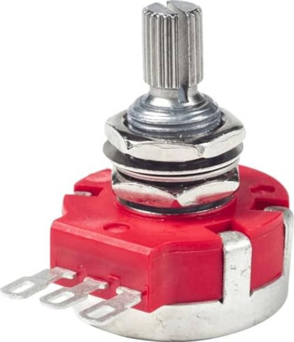 Split-shaft potentiometer with knurled metal shaft, red housing, and three pin terminals