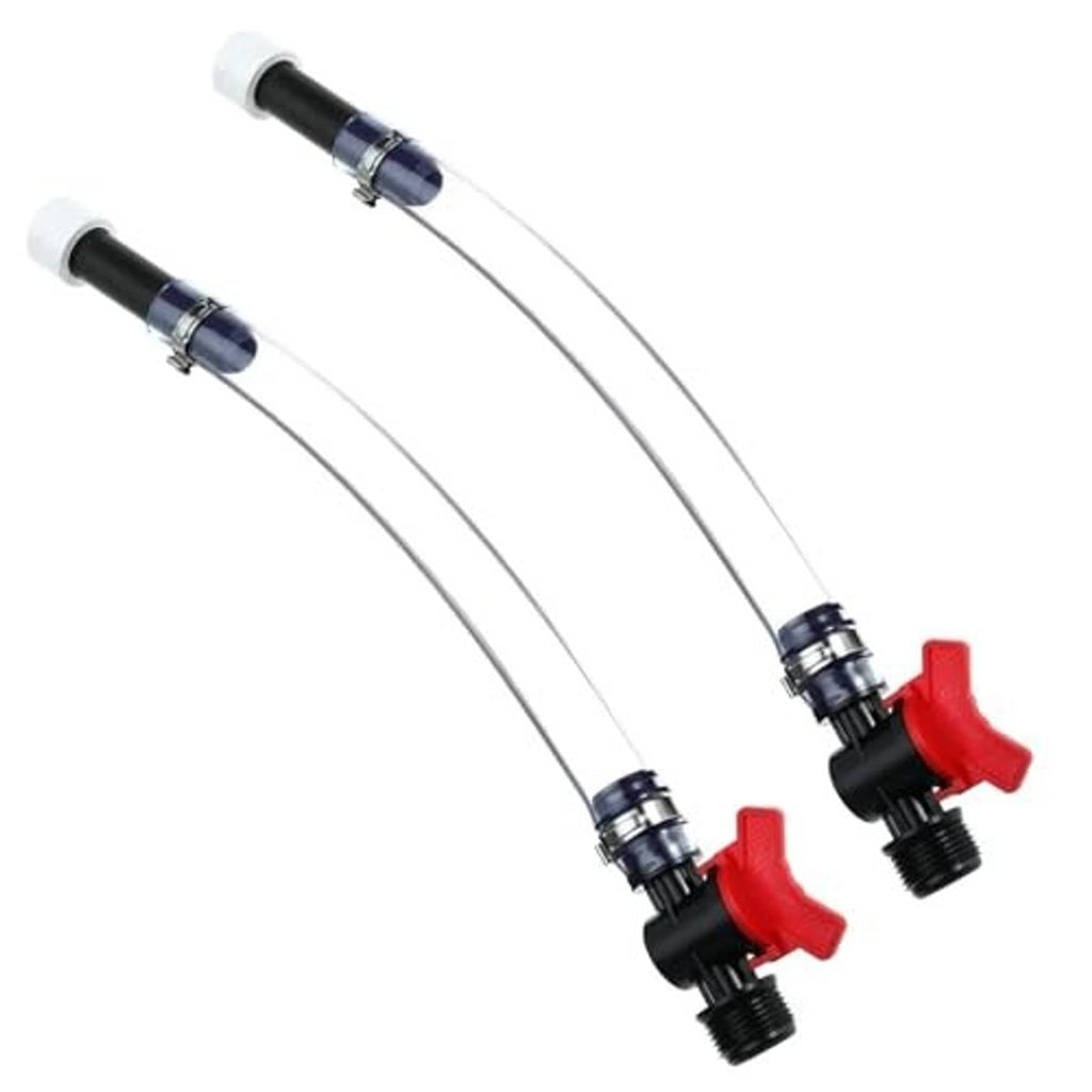 Racing fuel jug hose with two connectors: red lever ball valves and black threaded ends