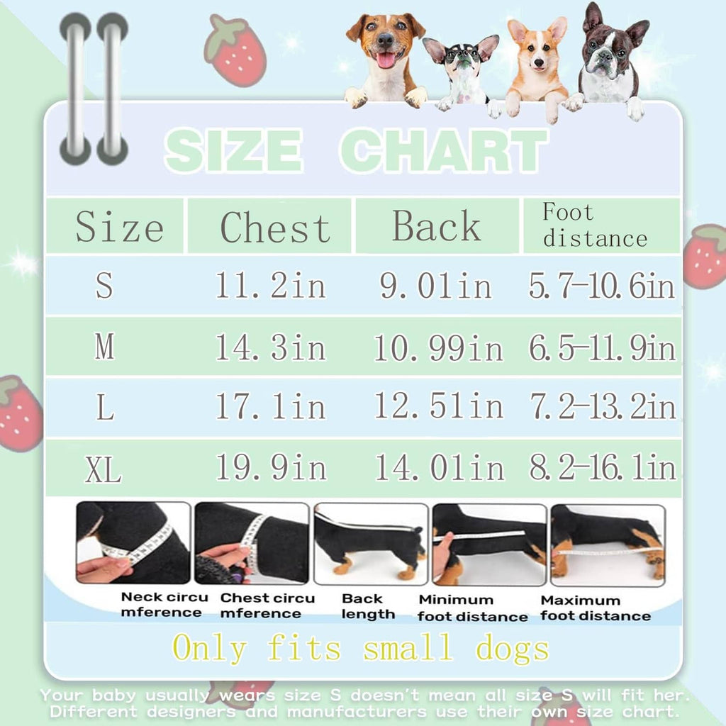 Dog lift harness size chart showing chest, back, and foot distance for S to XL