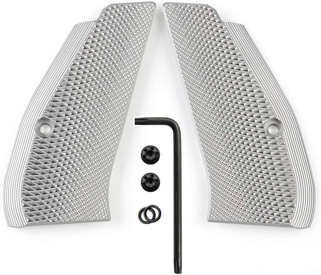 Pair of aluminum pistol grip panels, silver diamond checkered texture with mounting holes