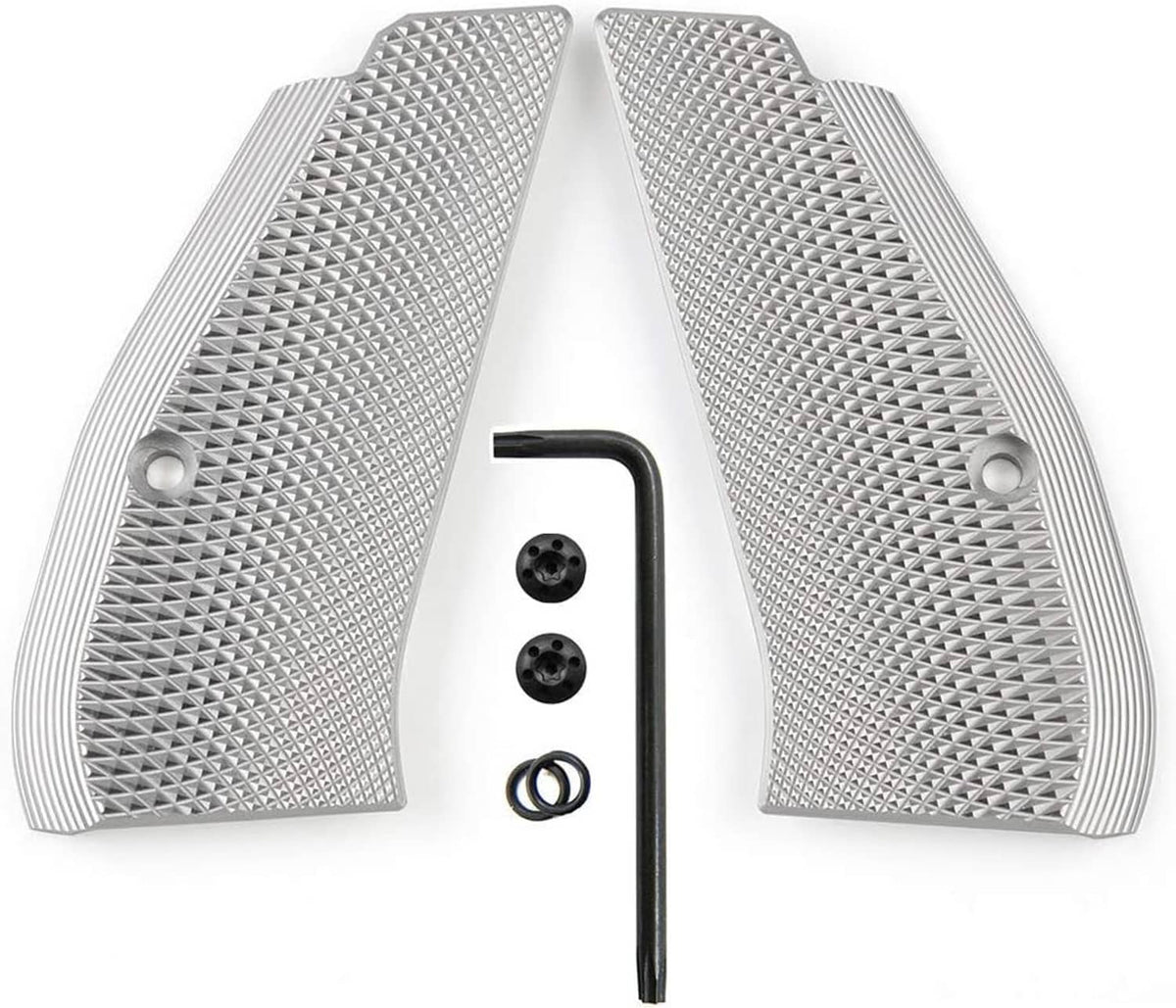 Pair of aluminum pistol grip panels, silver diamond checkered texture with mounting holes