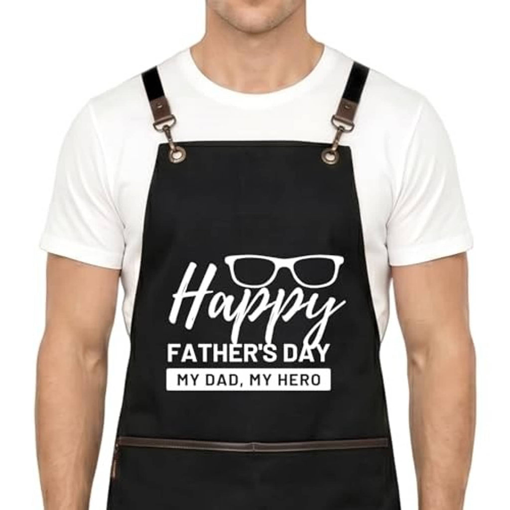 Black grilling apron with cross-back straps, Happy Father's Day graphic on front