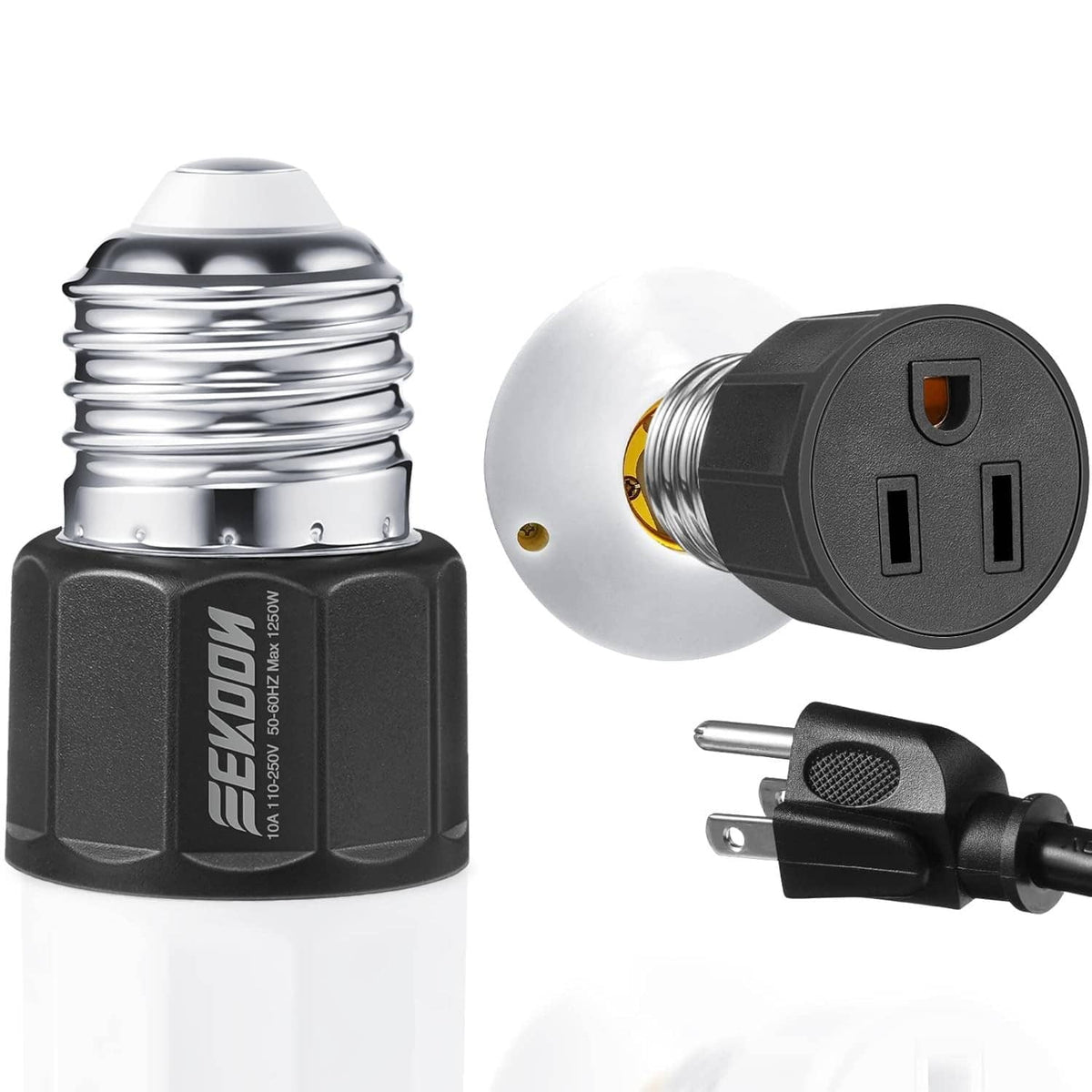 3-prong E26/E27 light socket adapter with threaded metal bulb base and black housing