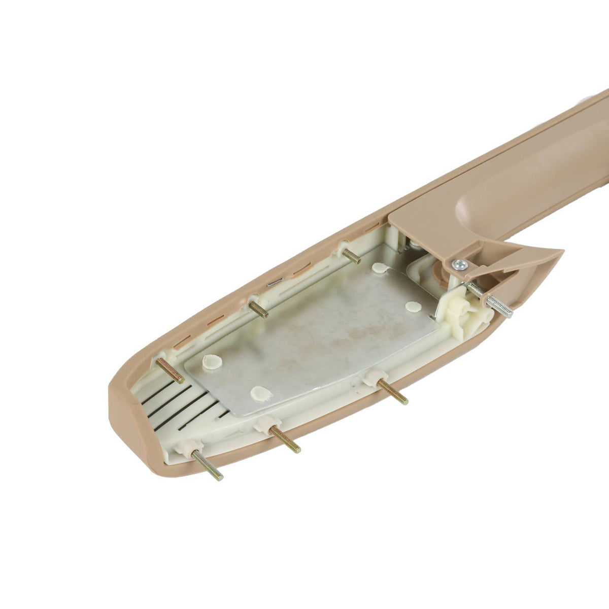Beige door armrest handle base with mounting posts and spring retainers