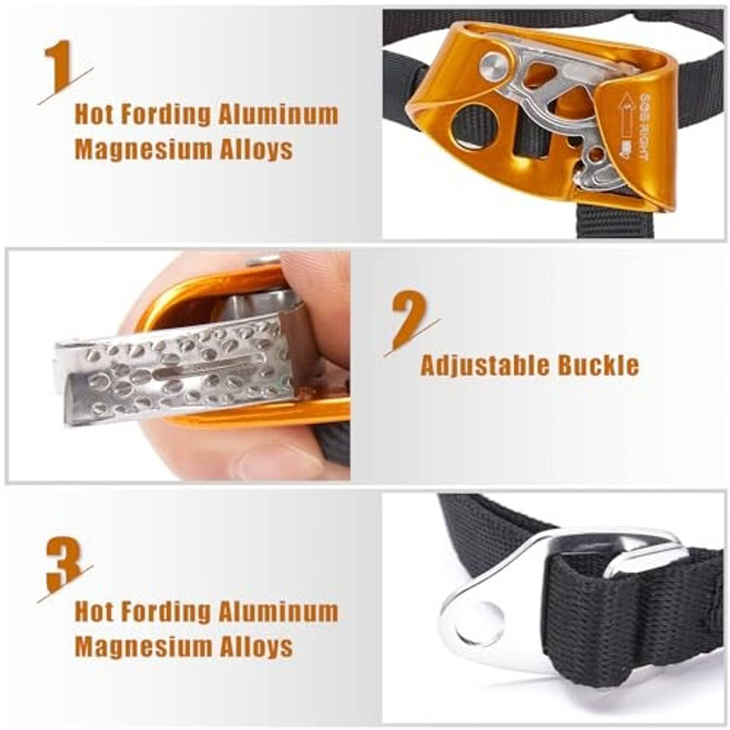 Orange climbing foot ascender with adjustable buckle and textured strap close-up