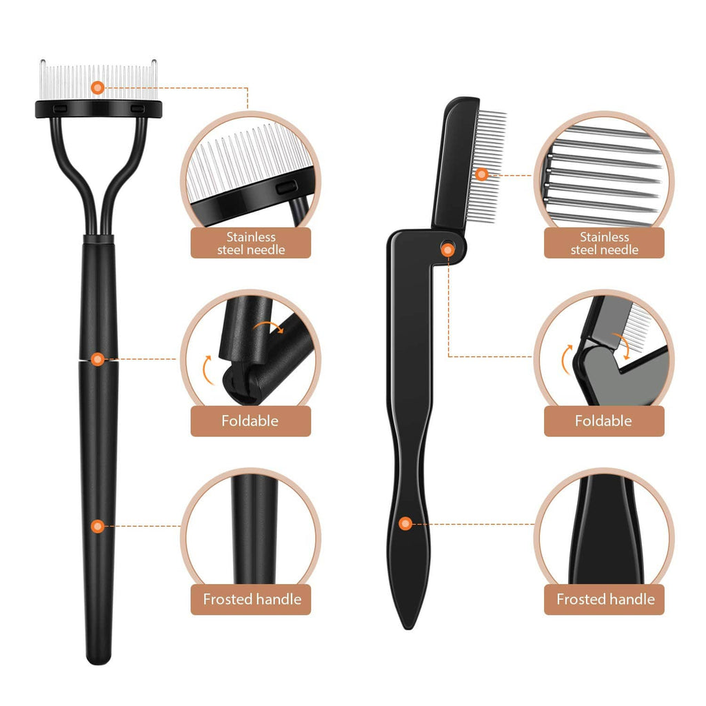 Folding eyebrow and lash comb set with stainless steel teeth and frosted handle