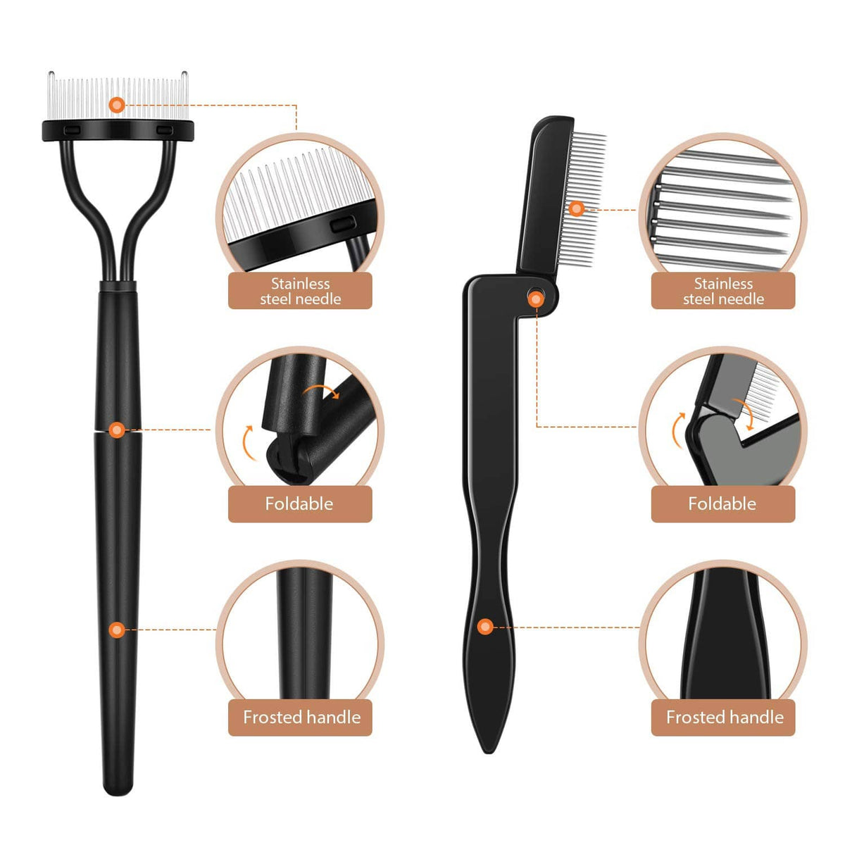 Folding eyebrow and lash comb set with stainless steel teeth and frosted handle