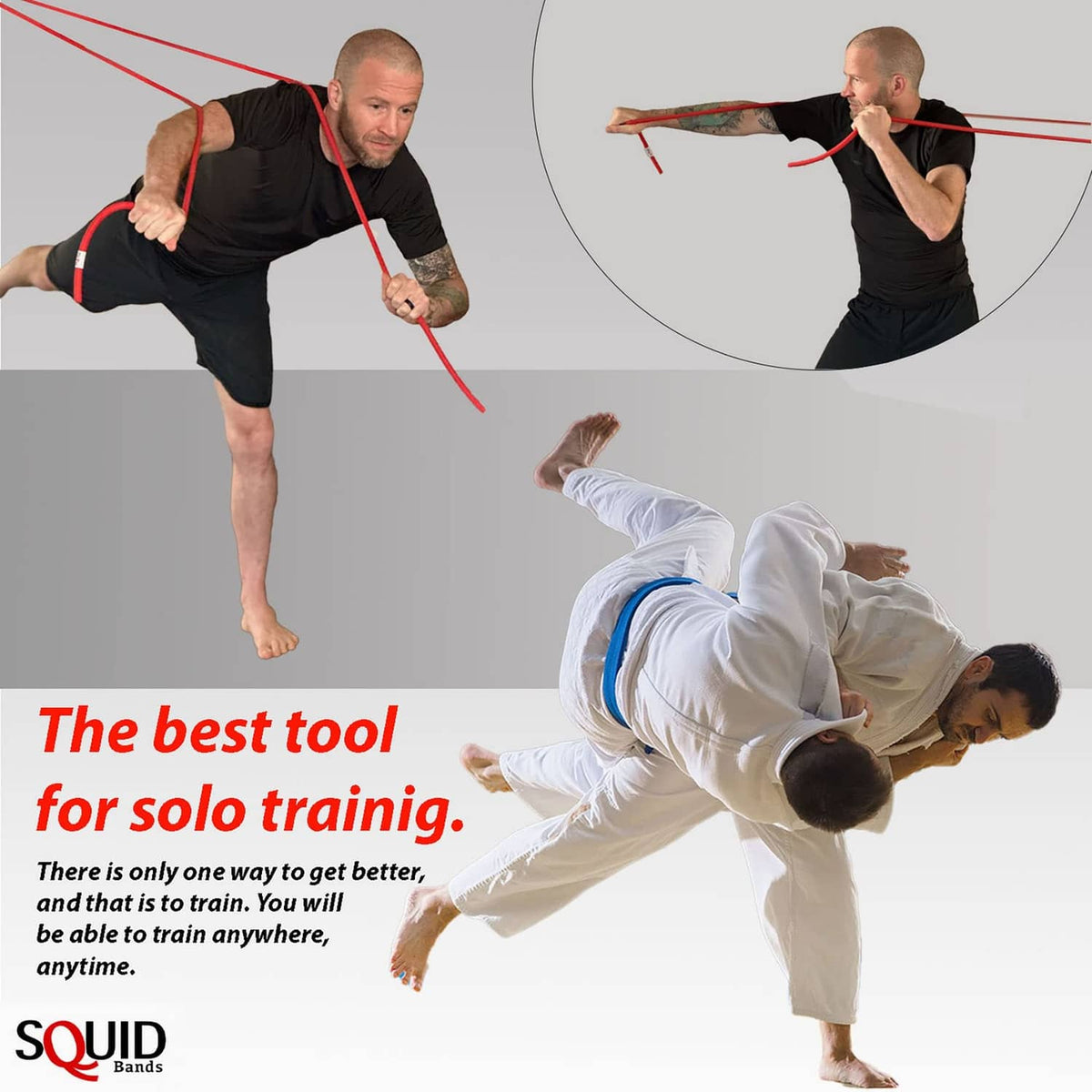 Resistance band workout scene with athletes performing a grappling drill