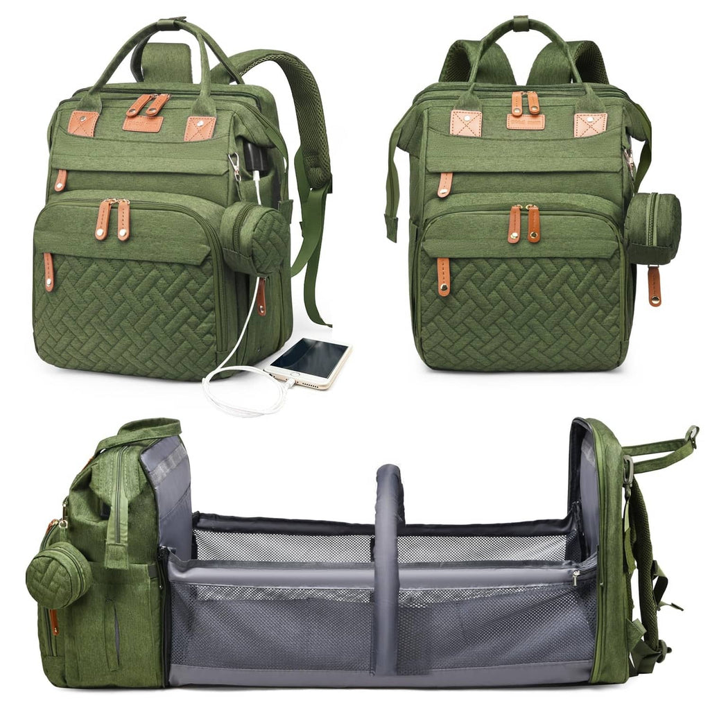 Green diaper bag set, front zipper pockets and open changing compartment with gray lining