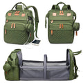 Green diaper bag set, front zipper pockets and open changing compartment with gray lining