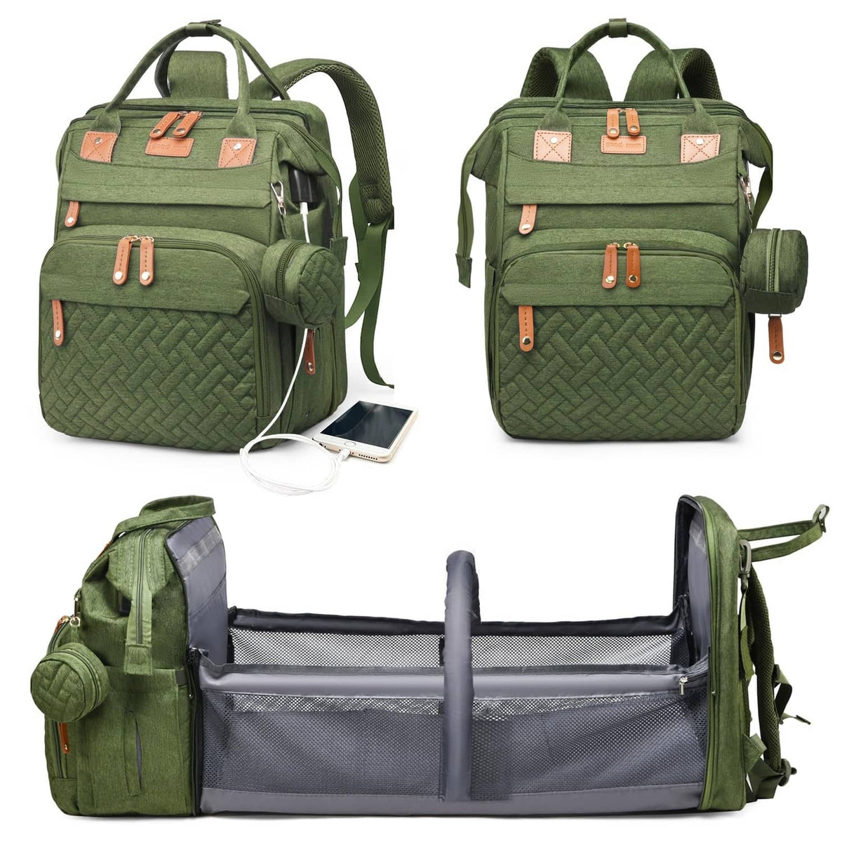 Green diaper bag set, front zipper pockets and open changing compartment with gray lining