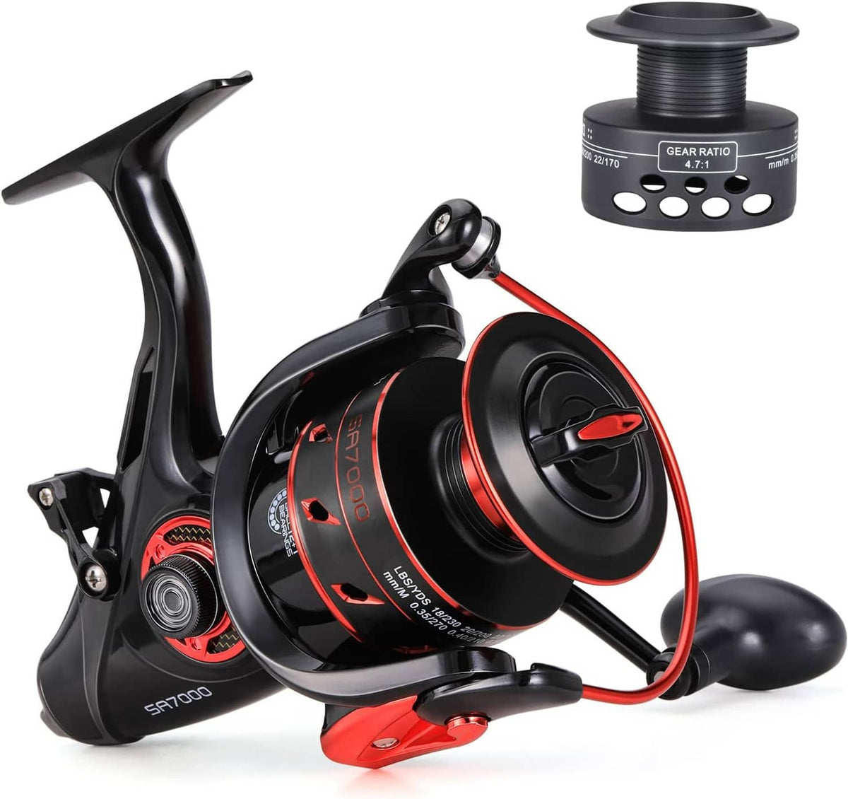 Black and red spinning reel with handle, spool, and red bait-feeder style cover
