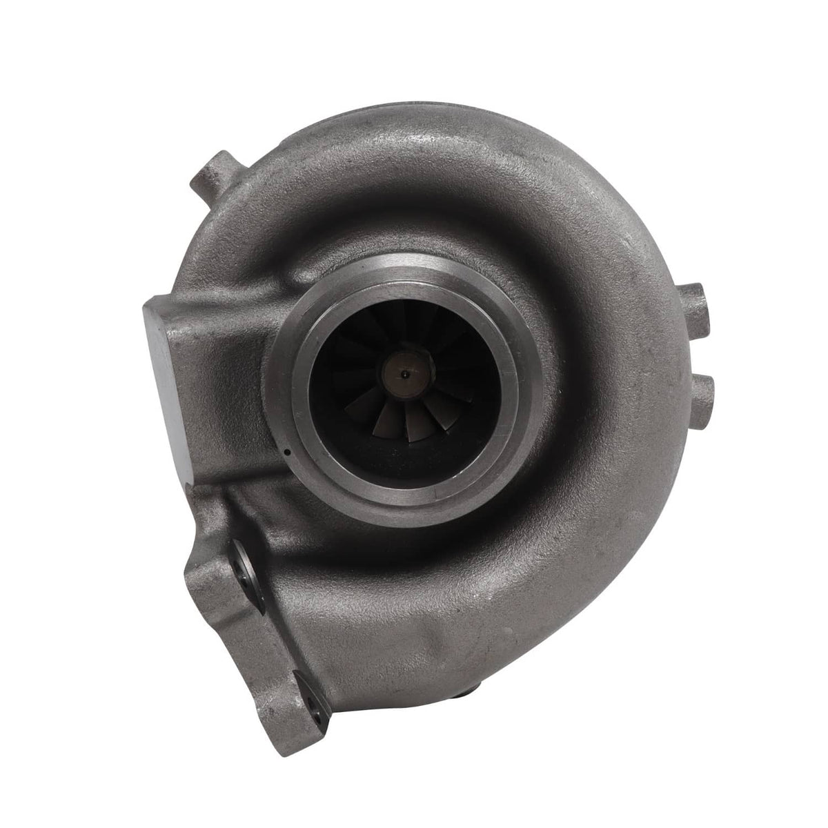 Diesel turbocharger with front compressor inlet and visible turbine wheel center