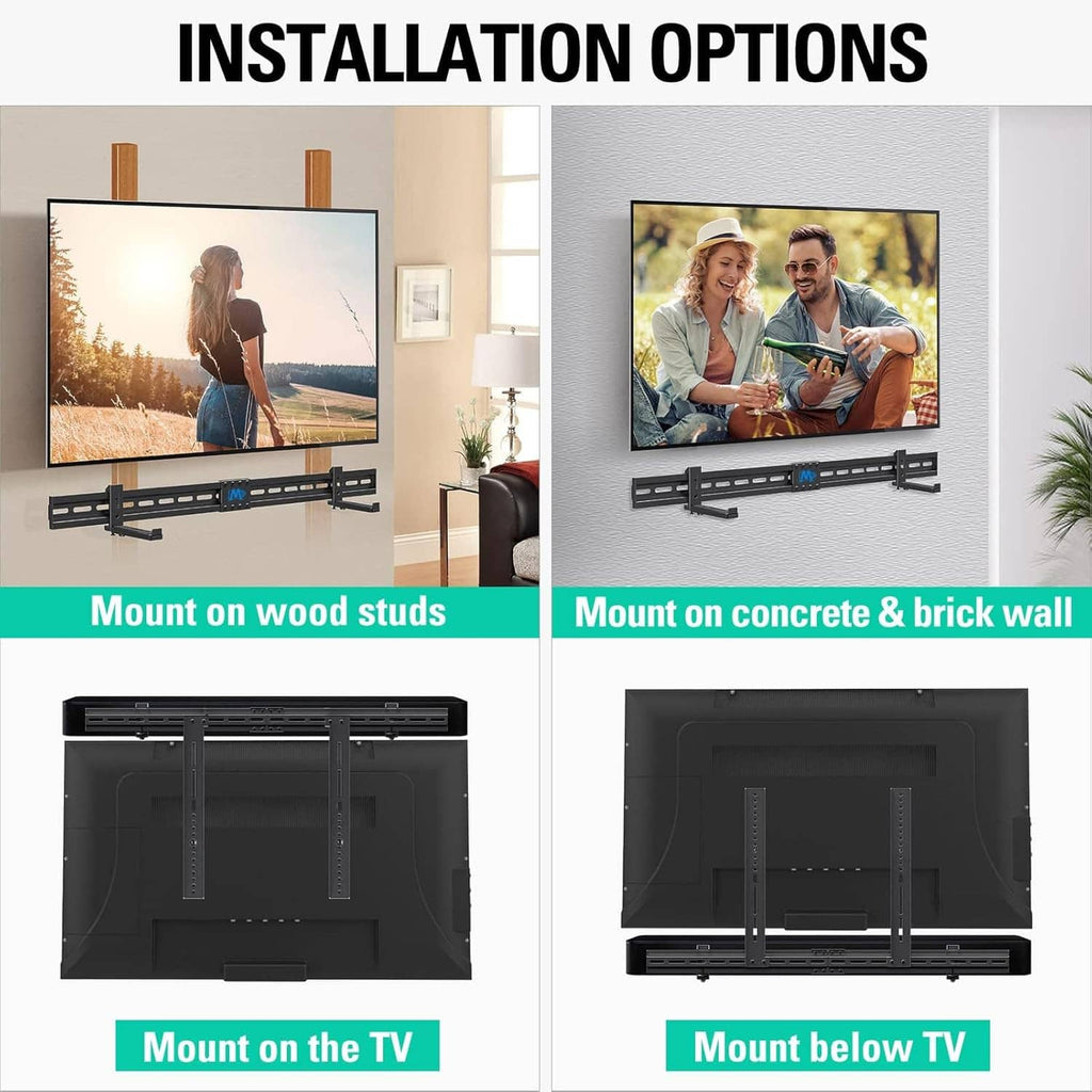 Soundbar mount bracket showing installation options on wood studs, brick, and below TV