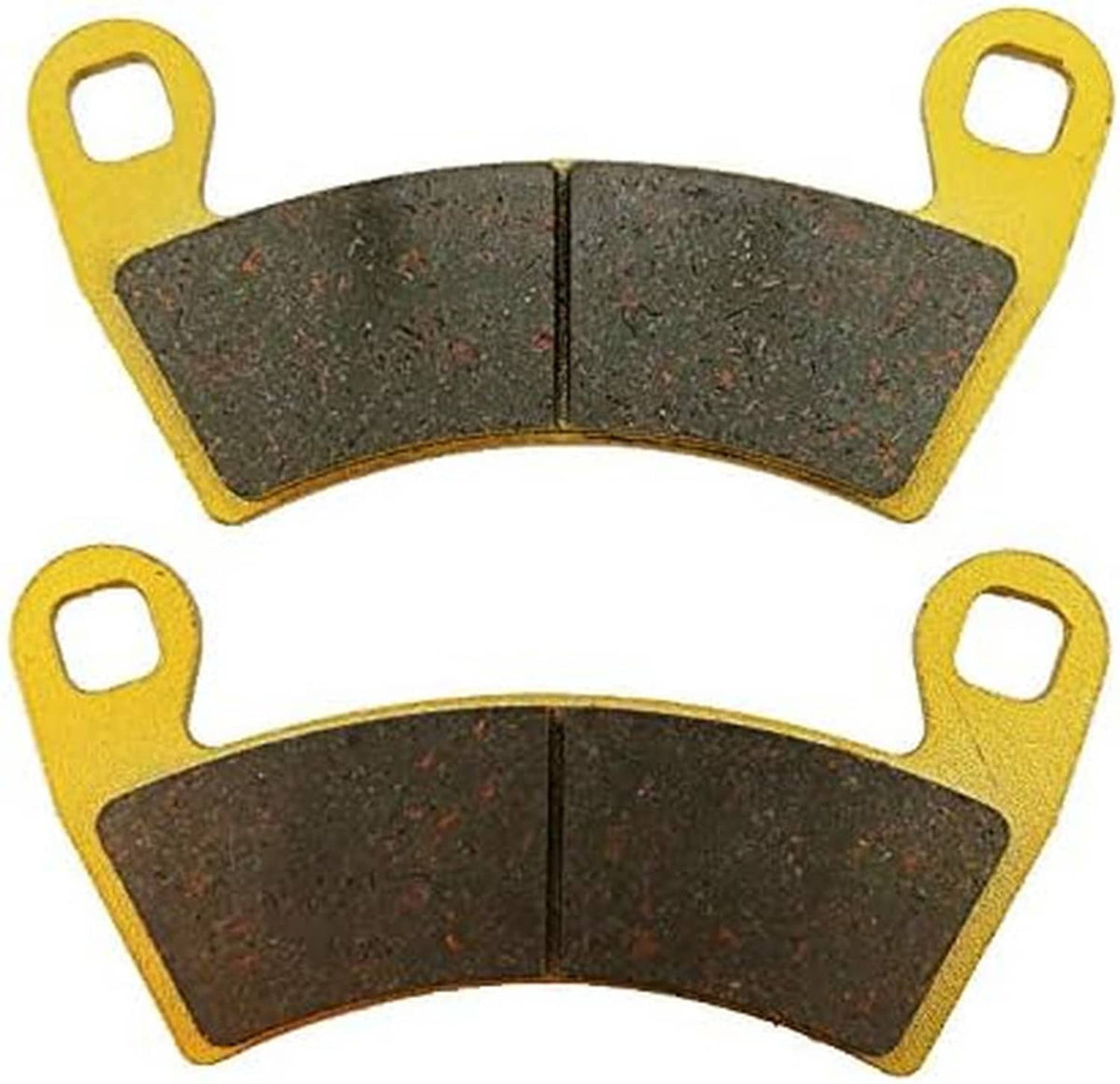Ceramic brake pads, gray friction surfaces on gold backing with mounting holes