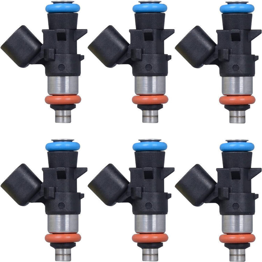 Set of six fuel injectors with blue caps and red seals