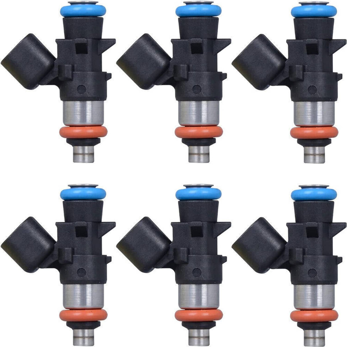 Set of six fuel injectors with blue caps and red seals
