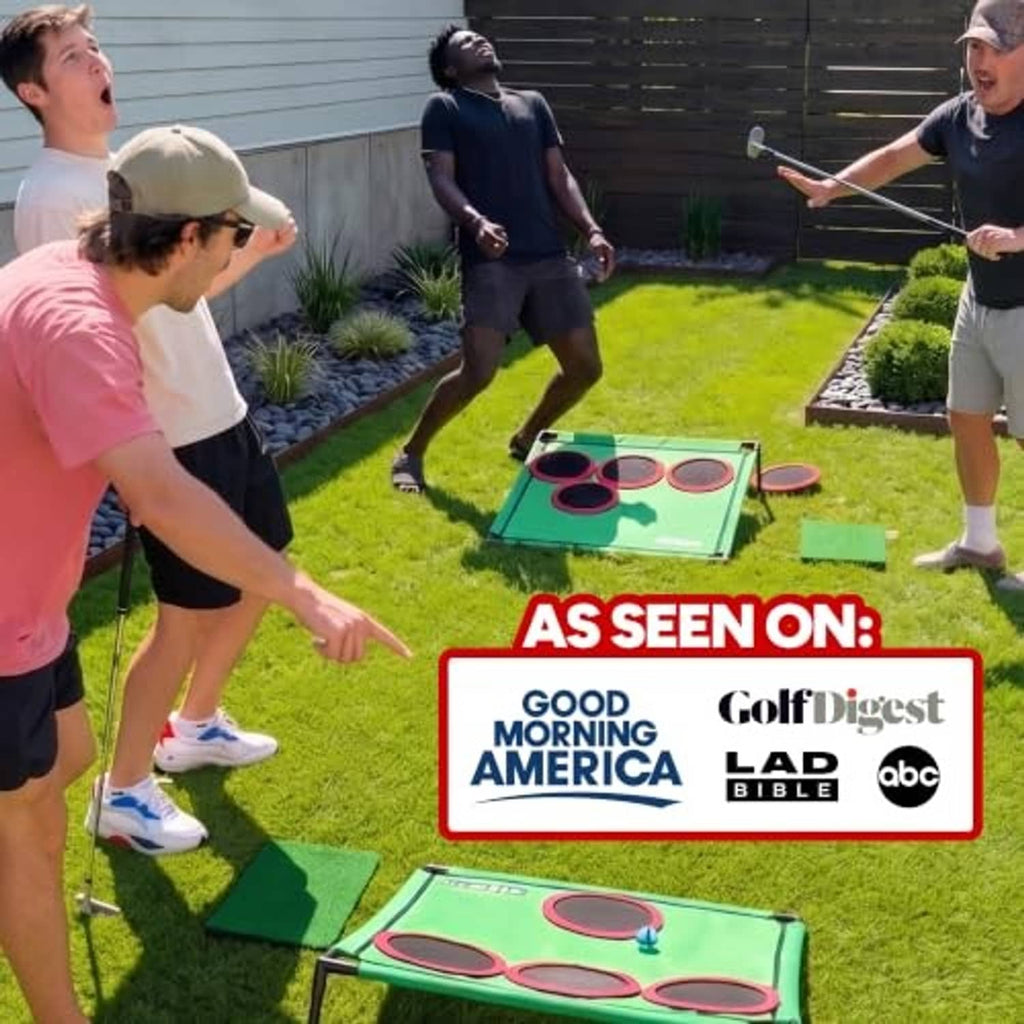 Outdoor lawn golf pong board with green frame and red ring targets on the grass