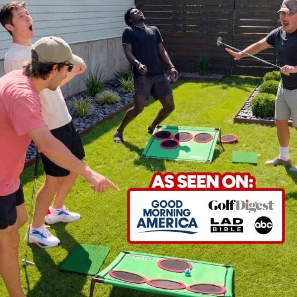 Outdoor lawn golf pong board with green frame and red ring targets on the grass