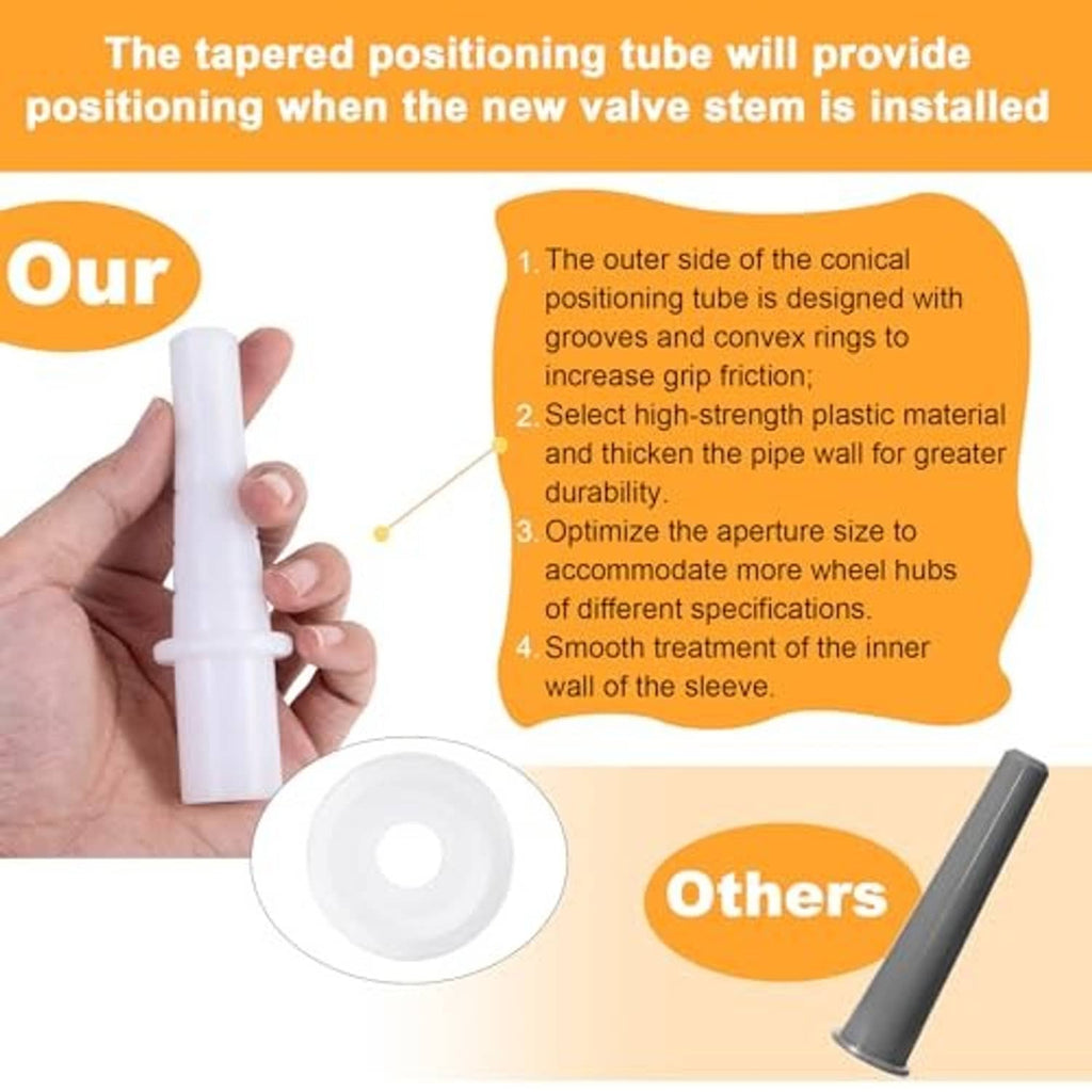 Conical positioning tube for tire valve installation, shown with tapered white sleeve