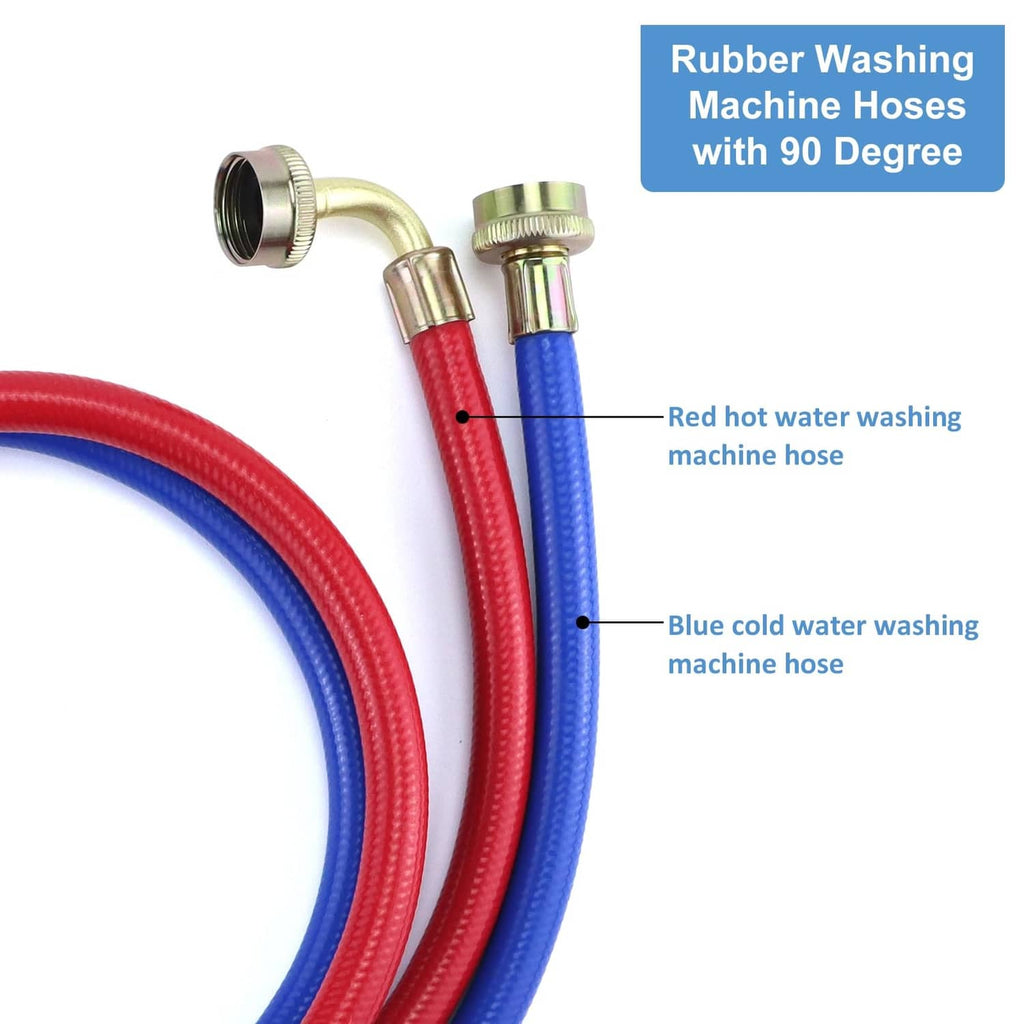 Red and blue rubber washing machine hoses with brass elbow and swivel connectors, 4 ft