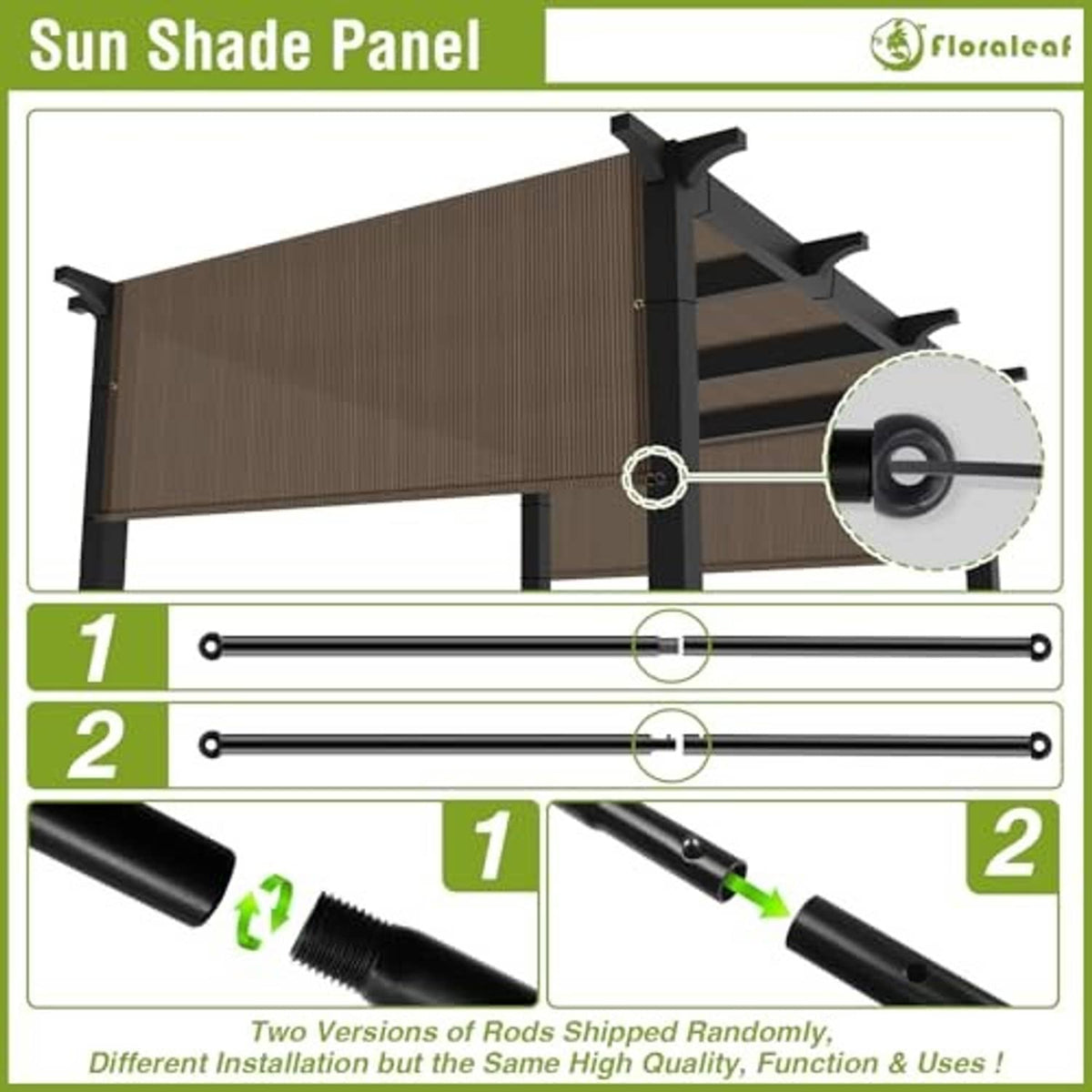 Brown shade panel canopy cover with black support arms and included rod components
