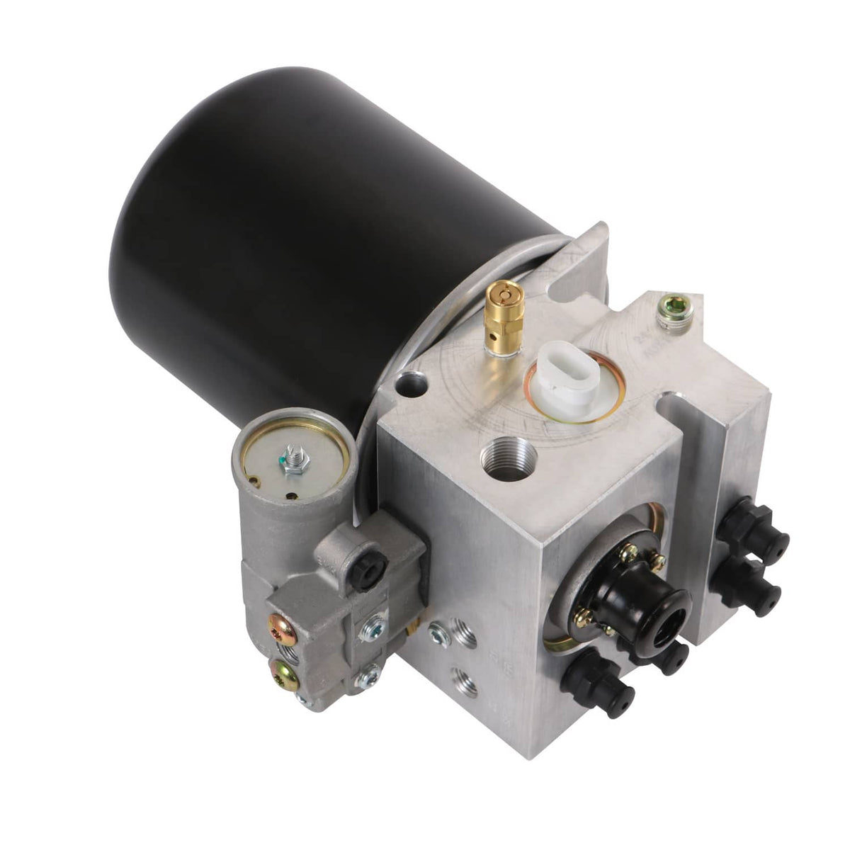 12V air dryer assembly with black canister, aluminum housing, and air-line fittings