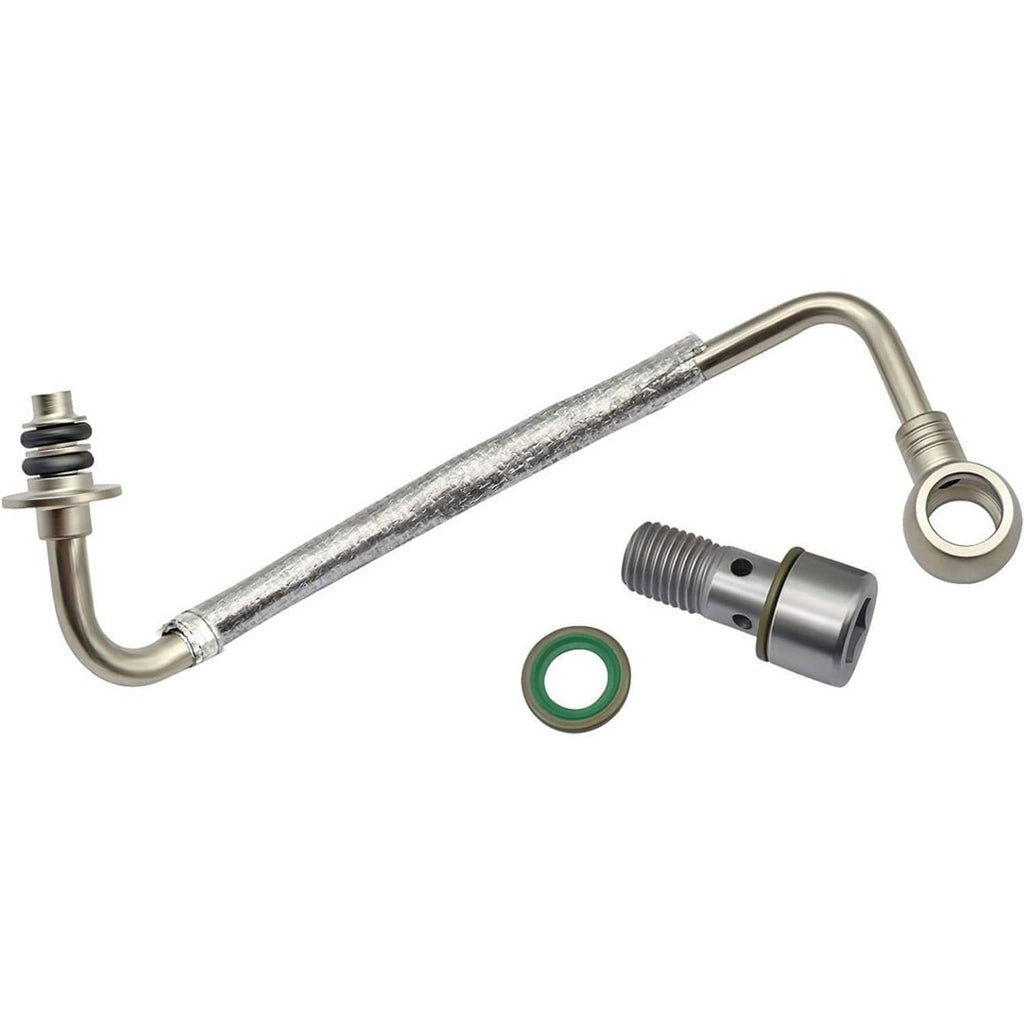 Turbo oil feed pipe tube assembly with green O-ring and threaded fitting
