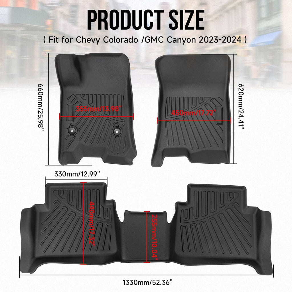 Black molded floor mat set with front and rear pieces, size diagram view