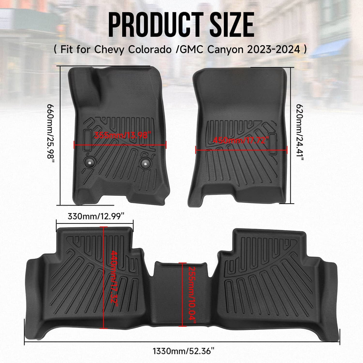 Black molded floor mat set with front and rear pieces, size diagram view