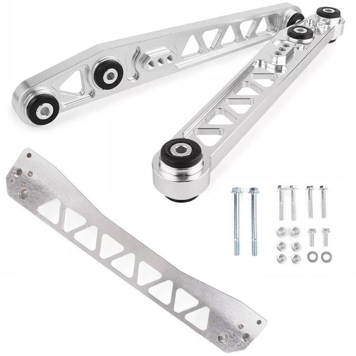 Two-piece rear lower control arm & tie bar, silver with black bushings and bolts