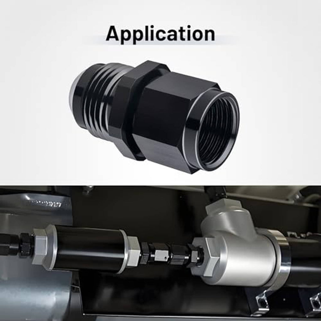 Black flare expander fitting adapter installed on an engine hose connection.