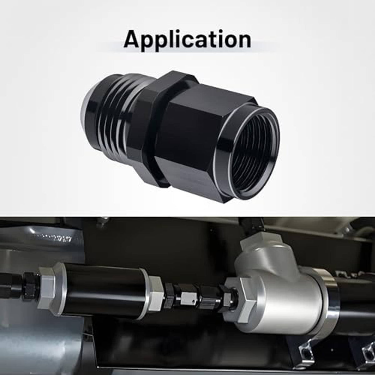 Black flare expander fitting adapter installed on an engine hose connection.