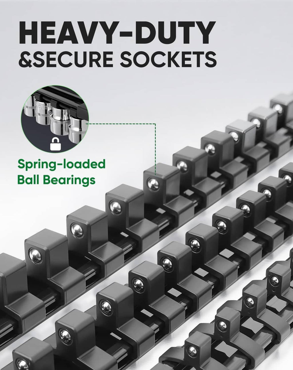 Black socket organizer rail with spring-loaded ball-bearing sockets and clips