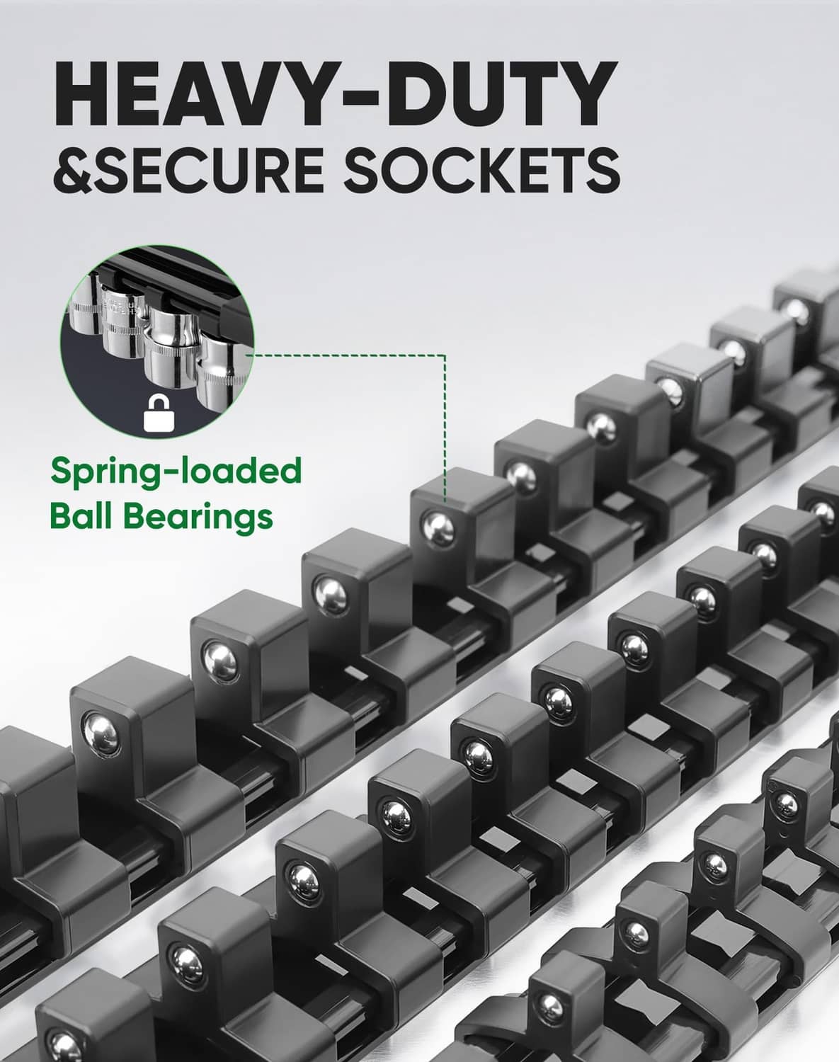 Black socket organizer rail with spring-loaded ball-bearing sockets and clips
