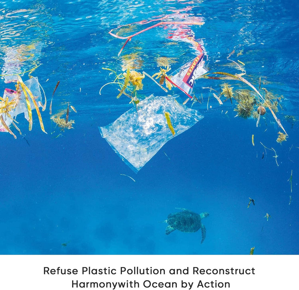 Plastic bag floating underwater amid debris, ocean pollution prevention
