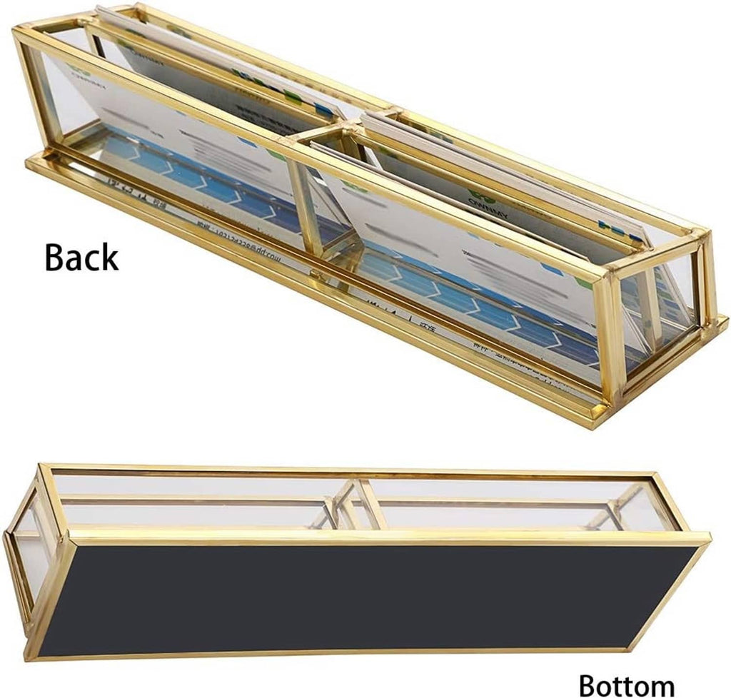 Gold 4-slot business card holder stand with clear glass sides and metal base
