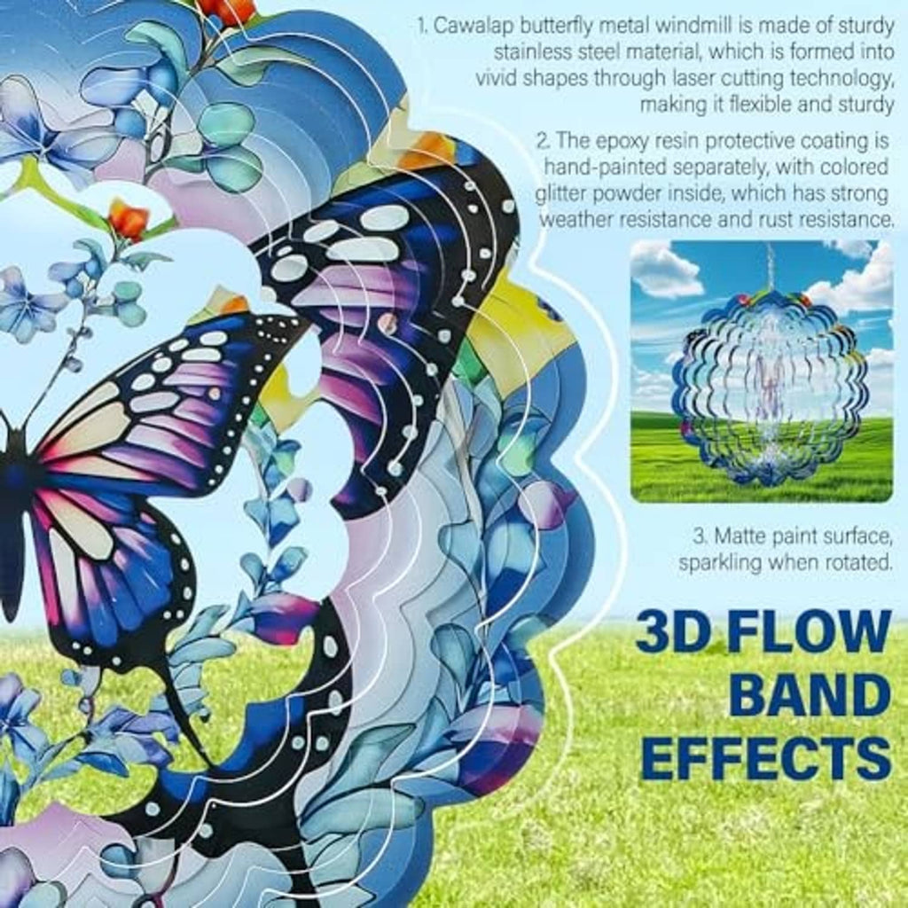 Butterfly wind spinner detail with glossy blue metal curves and purple butterfly center
