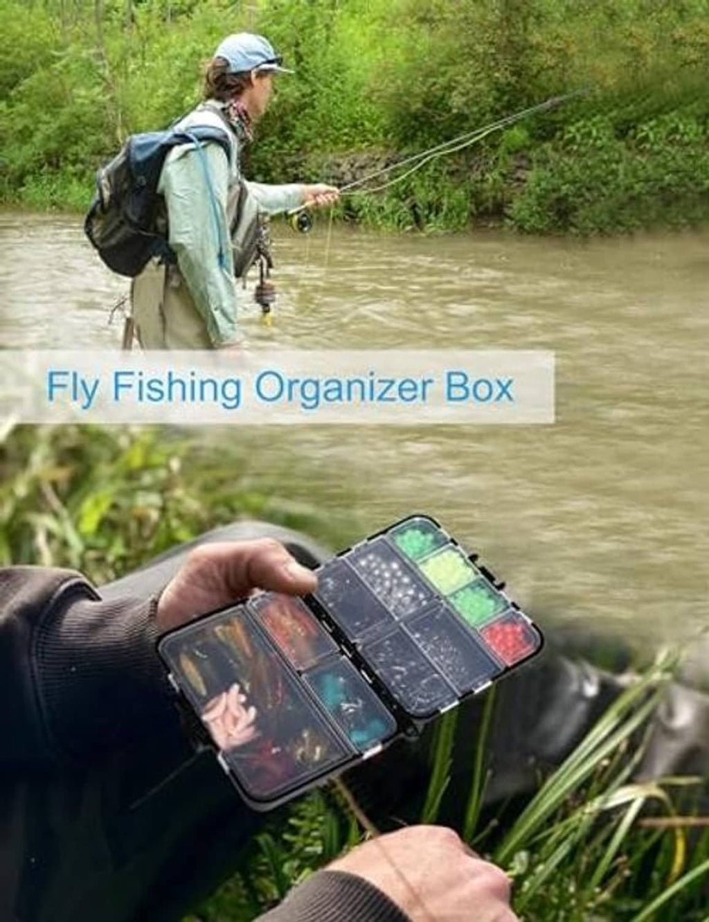 Clear-lid mini tackle organizer with multiple compartments, held open while fishing.