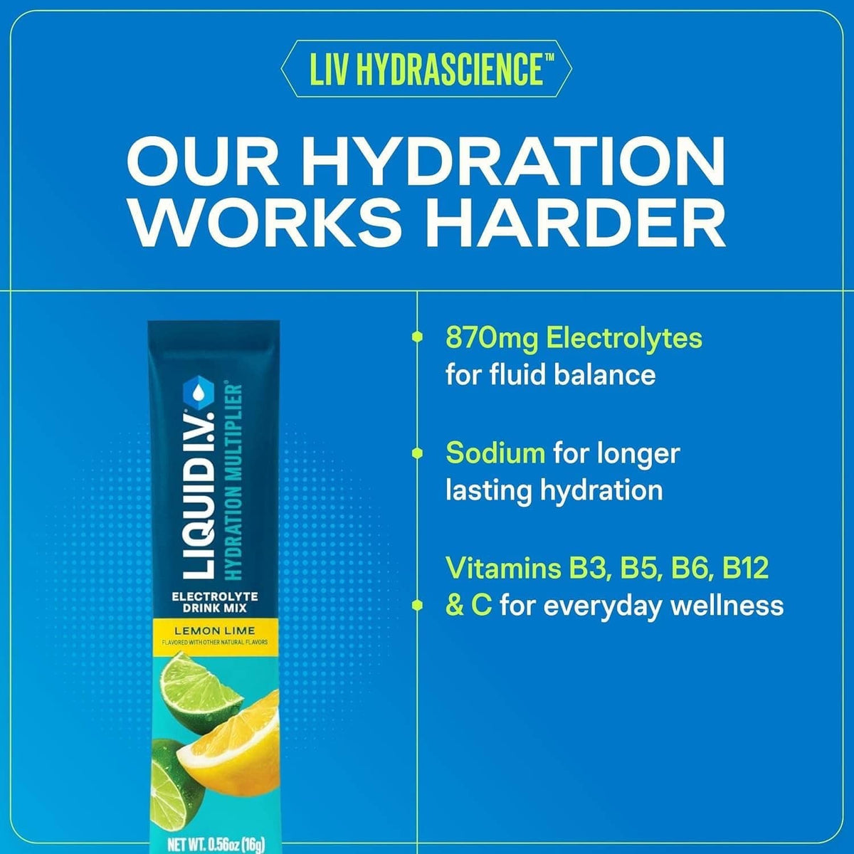 Liquid I.V. Hydration Multiplier packet with hydration and vitamin info on a panel.