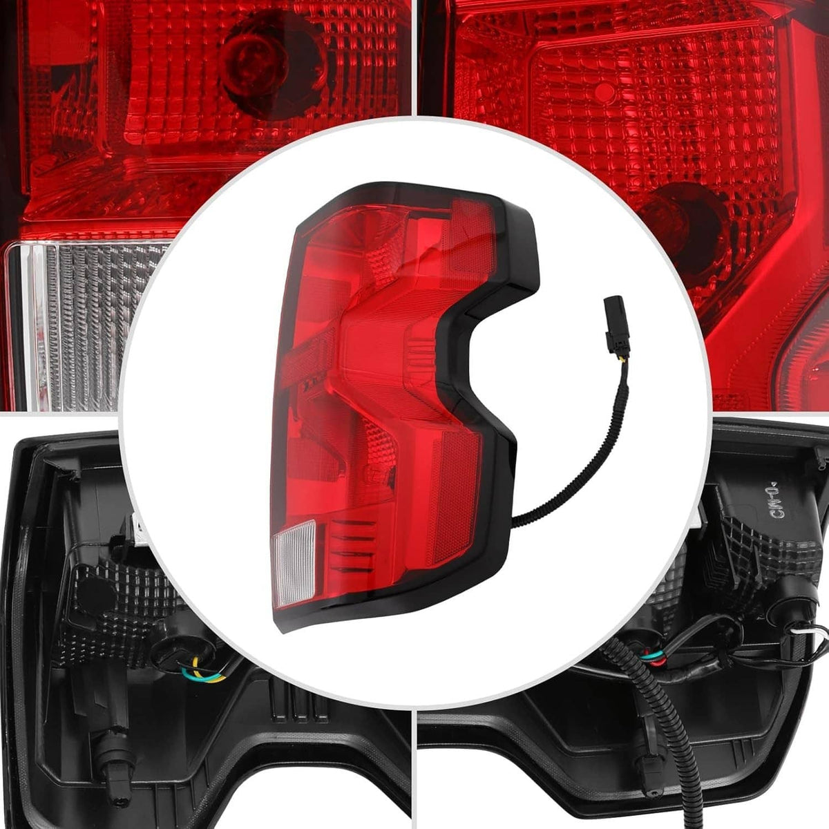 Right LED tail light lens close-up showing red reflector pattern and clear lower section