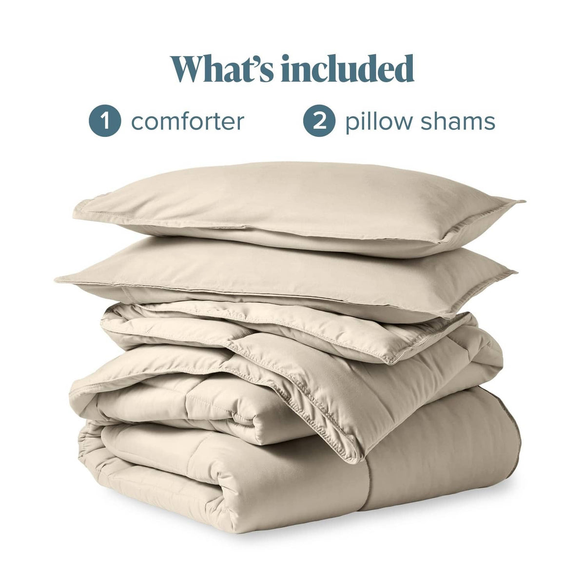 Stacked cream comforter with matching pillow shams, full size set contents