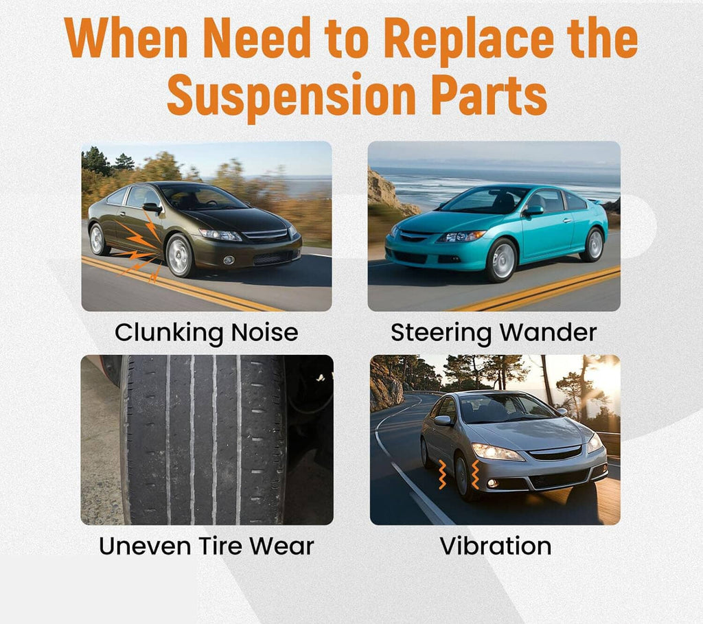 Front suspension parts replacement kit shown for clunking, steering wander, and vibration