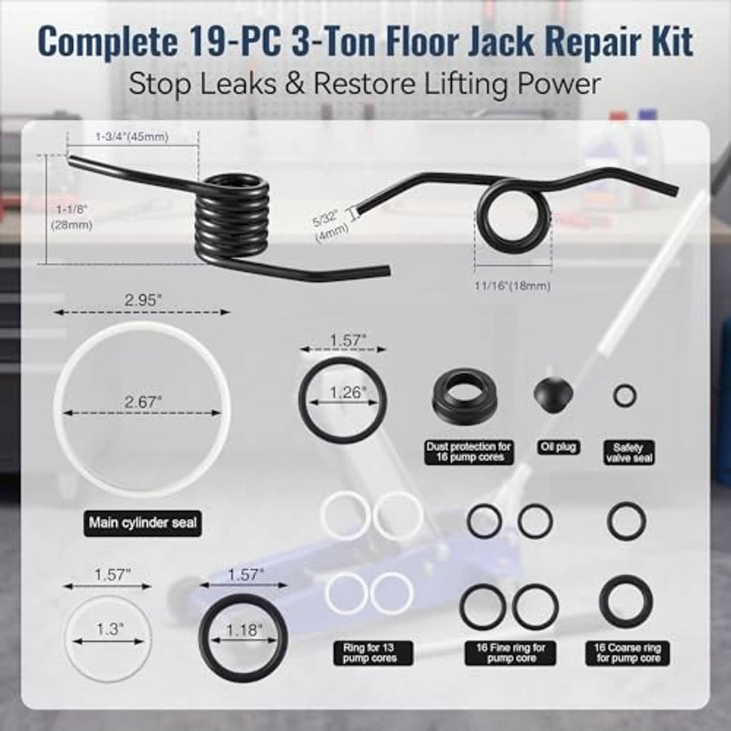 Hydraulic jack repair kit seal diagram with coil springs, O-rings, and gaskets
