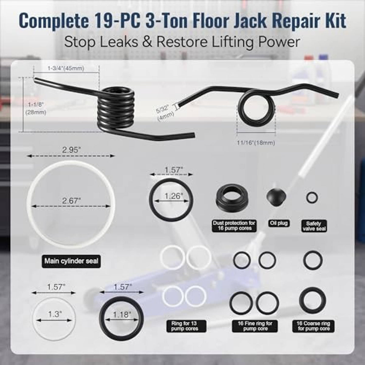 Hydraulic jack repair kit seal diagram with coil springs, O-rings, and gaskets